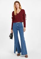 Bayan Bordo Cut-Out Detaylı V Yaka Bluz