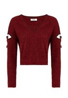 Bayan Bordo Cut-Out Detaylı V Yaka Bluz
