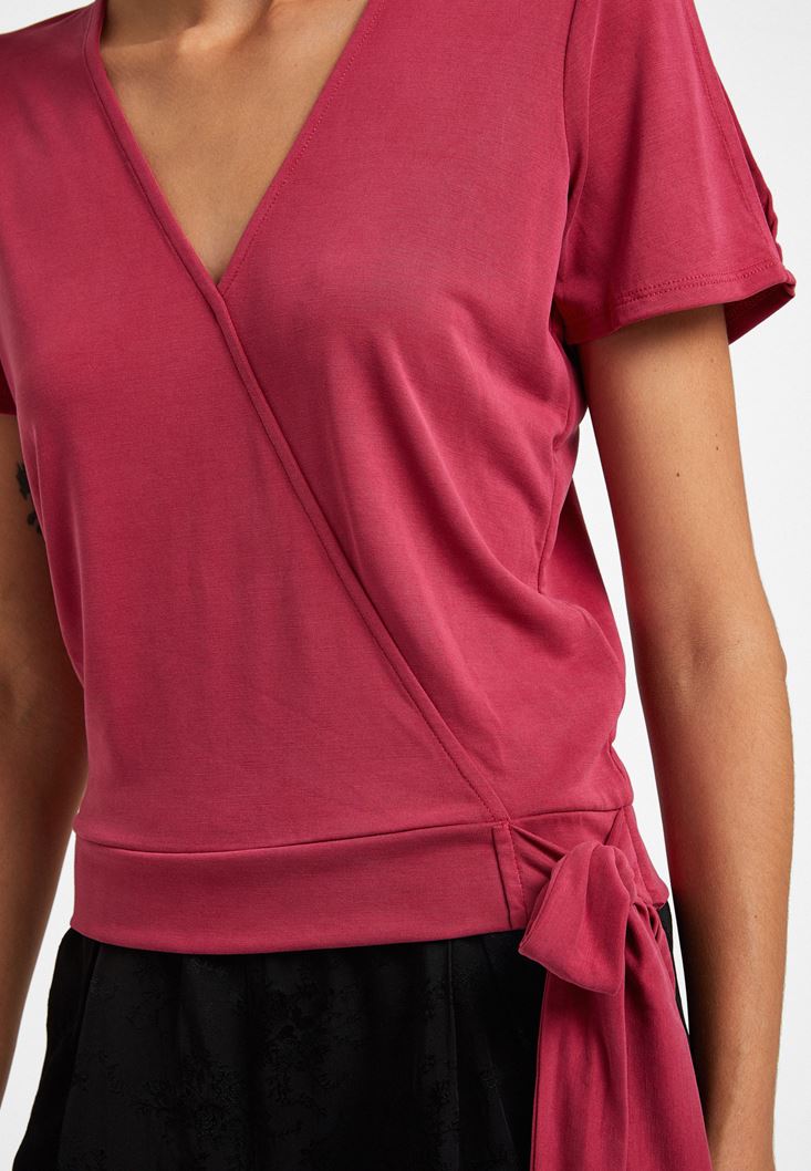 Women Pink Crossover T-Shirt with Tie Detail