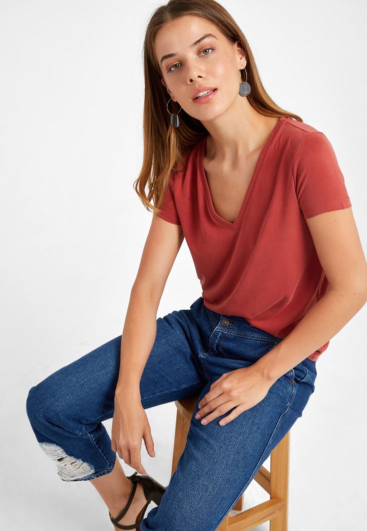 Women Brick V-Neck Soft Touch T-Shirt