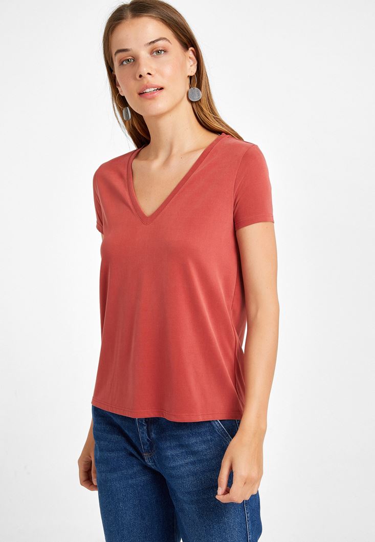 Women Brick V-Neck Soft Touch T-Shirt