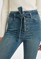 Bayan Lacivert Kemerli Yüksek Bel Denim Pantolon