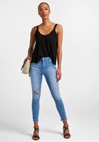 Bayan Mavi Orta Bel Vücudu Saran Denim Pantolon