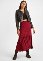 Women Bordeaux Maxi Skirt with Button Details