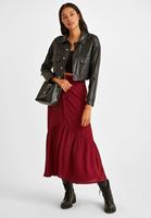 Women Bordeaux Maxi Skirt with Button Details