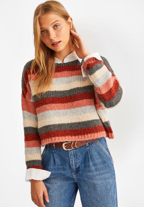 Çizgili Triko Kazak ve Slouchy Jean Kombini