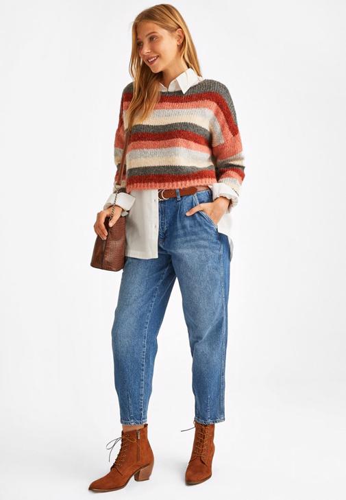 Çizgili Triko Kazak ve Slouchy Jean Kombini