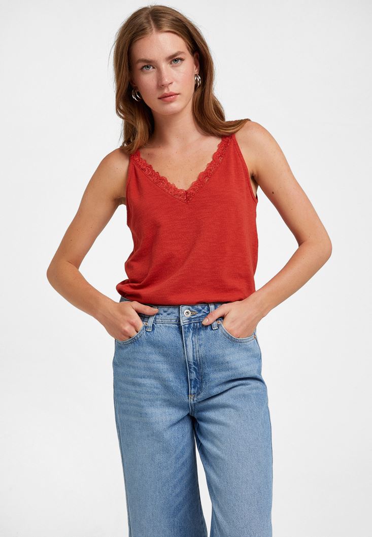 Women Brick V-Neck Top with Lace Detail