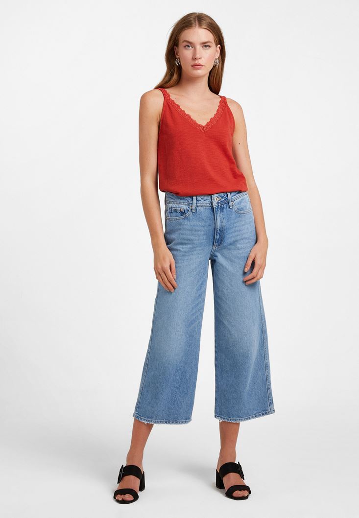 Women Brick V-Neck Top with Lace Detail