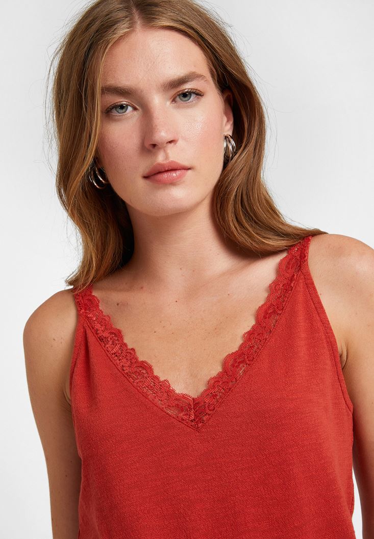 Women Brick V-Neck Top with Lace Detail