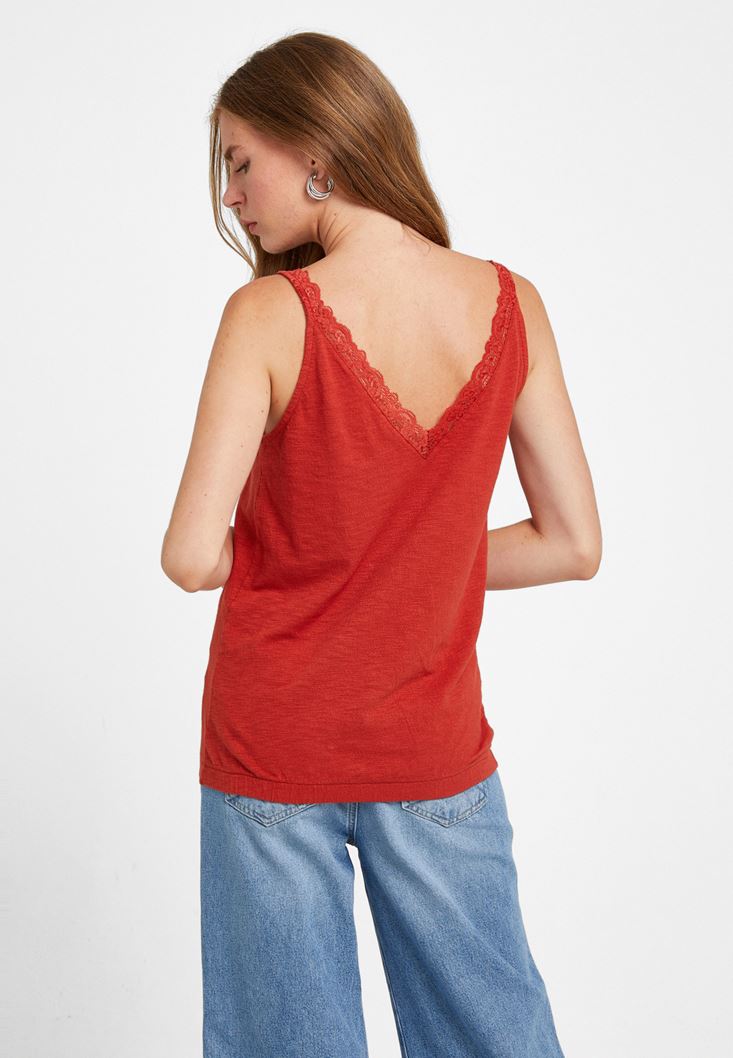 Women Brick V-Neck Top with Lace Detail