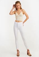 Women Cream Seamless Crop Top with V Neck