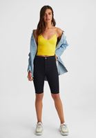 Women Yellow Seamless Crop Top with V Neck
