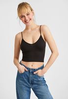 Women Black Seamless Crop Top with V Neck
