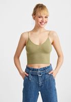 Women Green Seamless Crop Top with V Neck