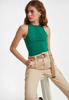 Bayan Yeşil Halter Yaka Dikişsiz Crop Top 