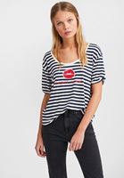 Bayan Lacivert/Beyaz Baskı Detaylı Çizgili T-Shirt