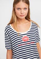 Bayan Lacivert/Beyaz Baskı Detaylı Çizgili T-Shirt