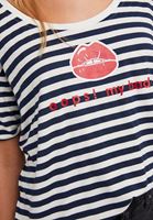 Bayan Lacivert/Beyaz Baskı Detaylı Çizgili T-Shirt