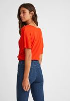 Bayan Kırmızı Beli Lastikli Crop Bluz