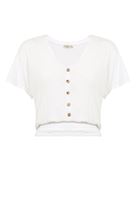 Bayan Beyaz Beli Lastikli Crop Bluz