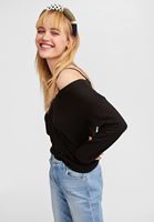 Women Black Off-Shoulder V-Neck Pullover