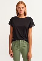Women Black Boat-neck t-shirt with lace detail