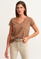 Bayan Açık Kahverengi Pamuklu V-Neck Tişört