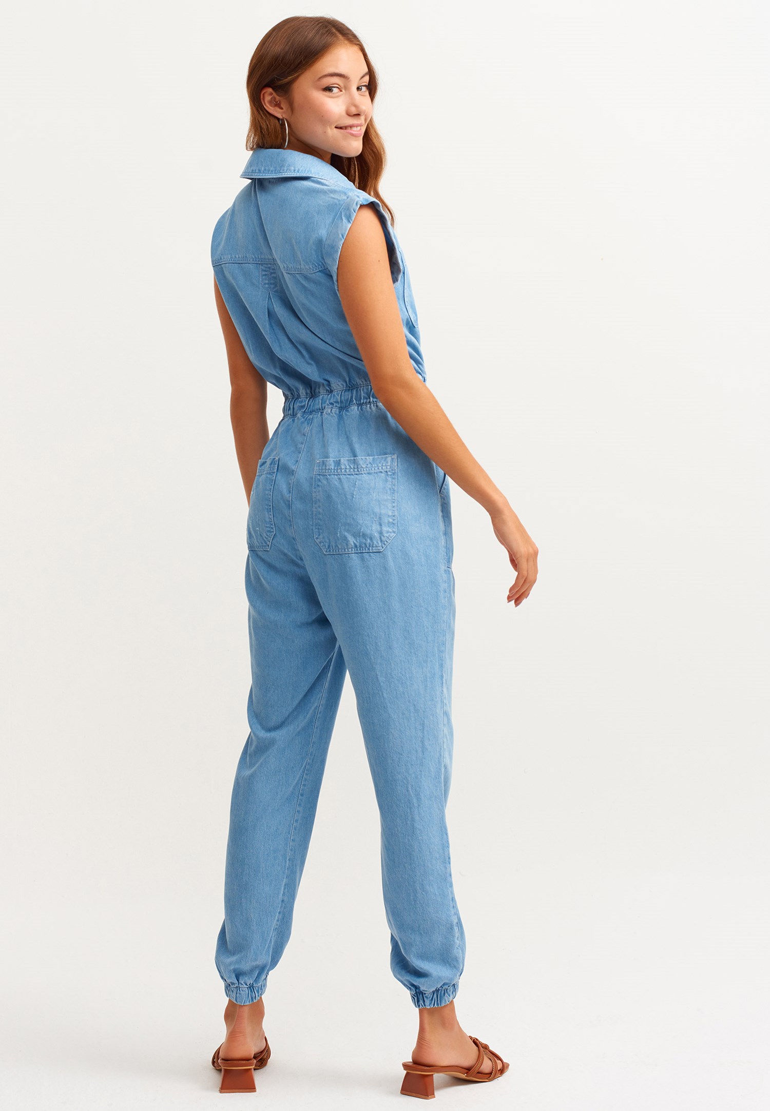 Blue Jogger denim jumpsuit(TENCEL) Online Shopping | OXXOSHOP