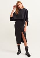 Bayan Siyah Yırtmaçlı Metalik Sweat Midi Etek
