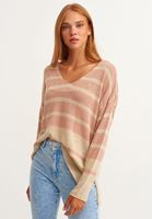 Bayan Çok Renkli V-Neck Çizgili Triko
