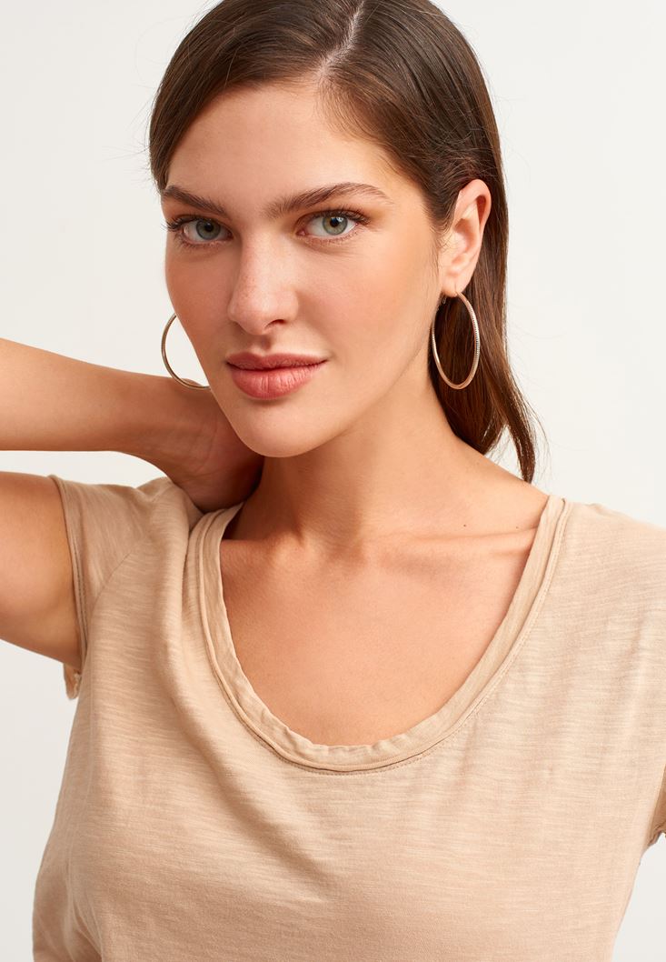 Women Beige Cotton U-neck T-shirt
