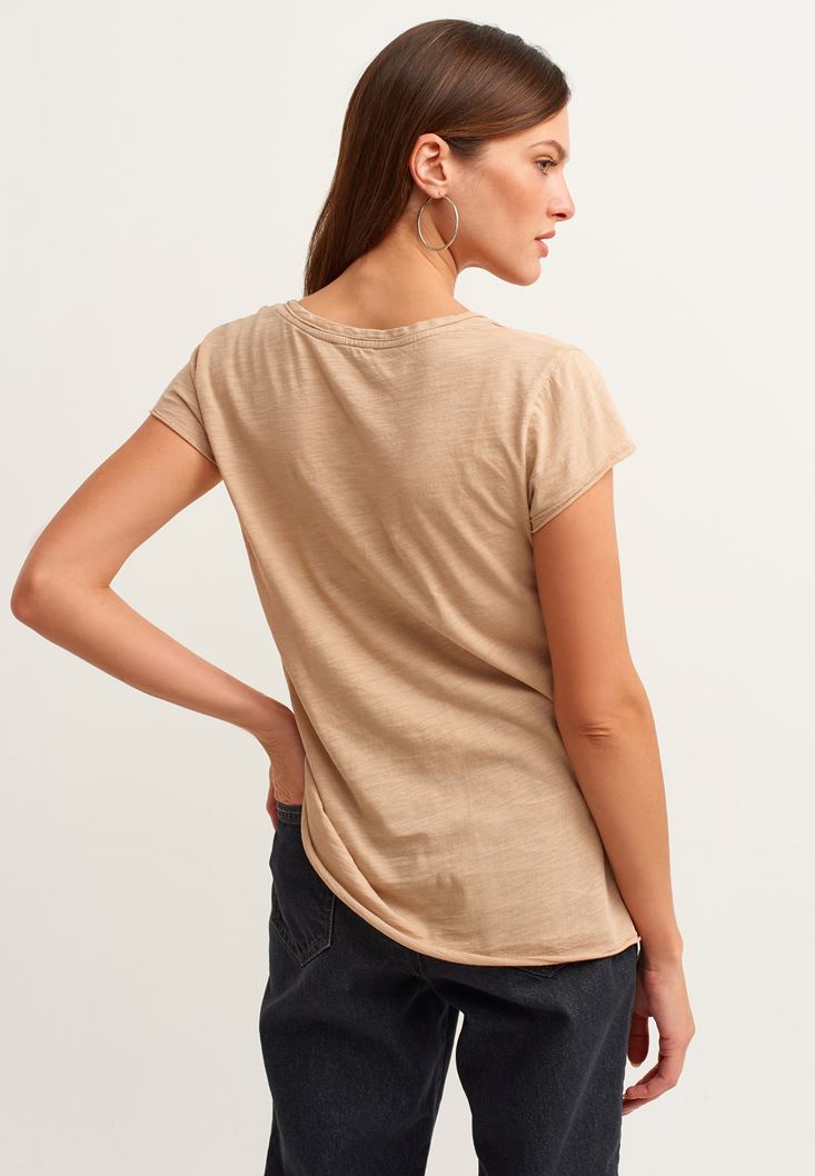 Women Beige Cotton U-neck T-shirt