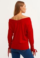 Bayan Kırmızı Boat-Neck Kolları Bağcıklı Triko