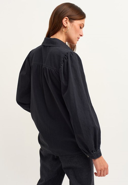 Black Balloon Sleeve Denim Shirt Online Shopping | OXXOSHOP