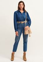 Bayan Mavi Balon Kollu Denim Gömlek