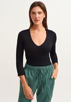 Bayan Siyah V-Neck Uzun Kollu Top
