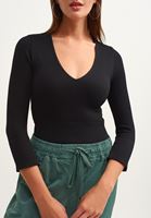 Bayan Siyah V-Neck Uzun Kollu Top