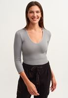 Bayan Gri V-Neck Uzun Kollu Top
