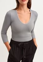 Bayan Gri V-Neck Uzun Kollu Top