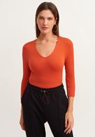 Bayan Kırmızı V-Neck Uzun Kollu Top