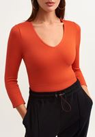 Bayan Kırmızı V-Neck Uzun Kollu Top