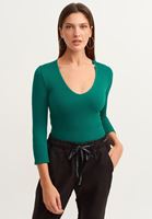Bayan Yeşil V-Neck Uzun Kollu Top