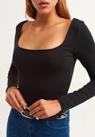 Bayan Siyah Kare Yaka Casual Top
