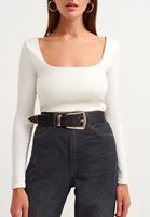 Bayan Krem Kare Yaka Casual Top