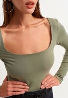 Bayan Yeşil Kare Yaka Casual Top