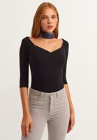 Bayan Siyah Casual Deep V-Neck Tişört