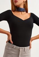 Bayan Siyah Casual Deep V-Neck Tişört