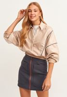 Bayan Bej Çıtçıtlı Yaka Crop Sweatshirt