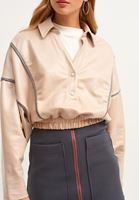 Bayan Bej Çıtçıtlı Yaka Crop Sweatshirt